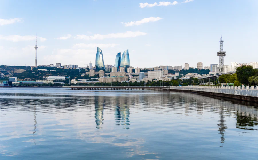 Baku skyline with the Flame Towers reflected in the Caspian Sea