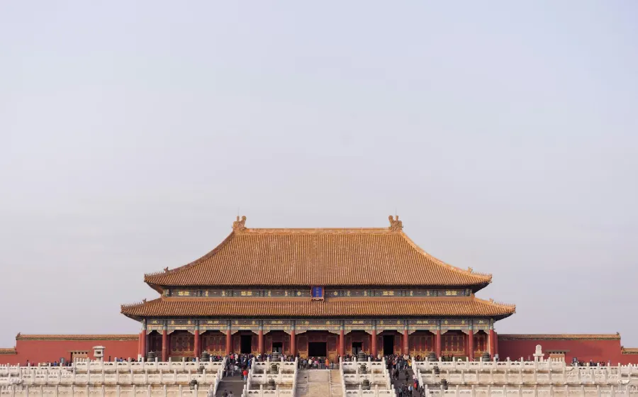 The Hall of Supreme Harmony in the Forbidden City, Beijing, under a pale sky