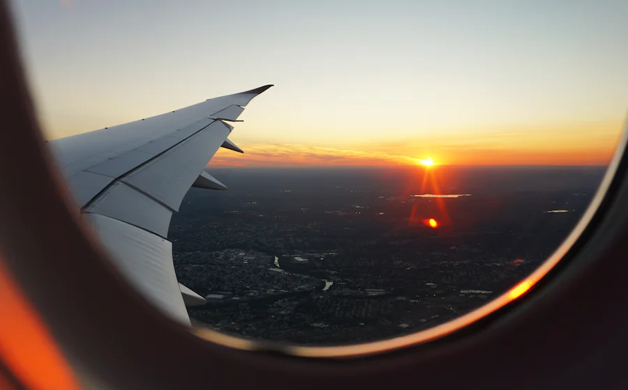 View from an aeroplane window at sunset